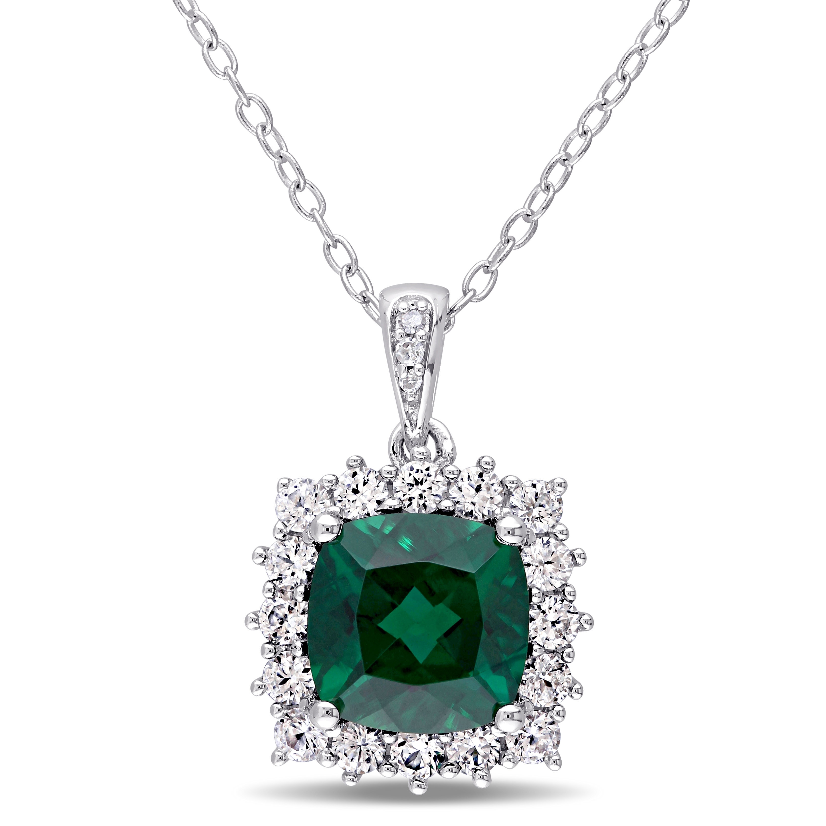 Miadora Sterling Silver Created Emerald, Created White Sapphire and Diamond Accent Halo Necklace