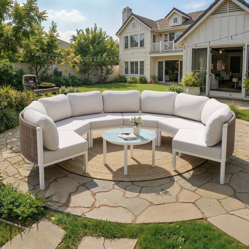 Outdoor Half Moon Curved Sofa Rattan Sectional Sofa Patio Outdoor Conversation Sets - 6-seater + 1 table - Beige