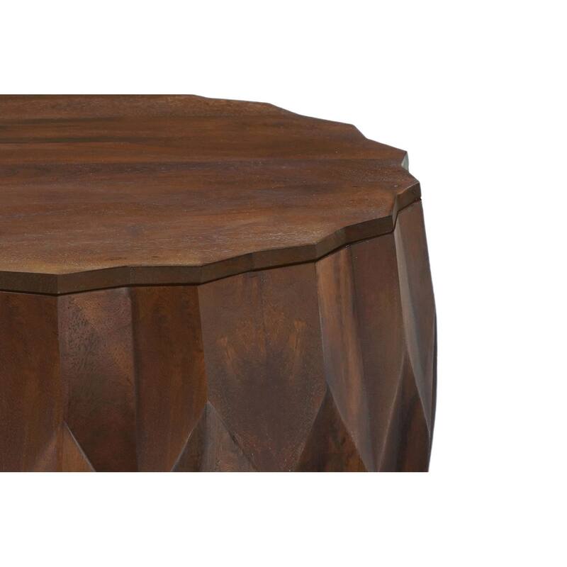 Facet 30" Diamond Carved Round Mango Wood Coffee Table - Elegant Cylindrical Base, Walnut Finish Accent Table