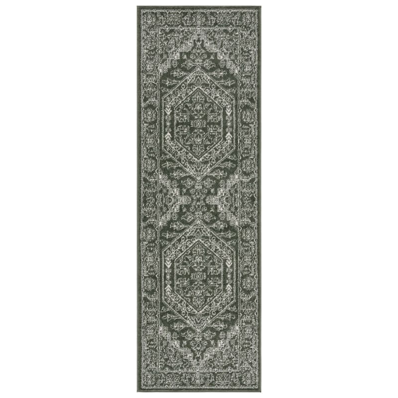 SAFAVIEH Adirondack Sian Rustic Oriental Medallion Rug - 2'6" x 6' Runner - Dark Green/Ivory