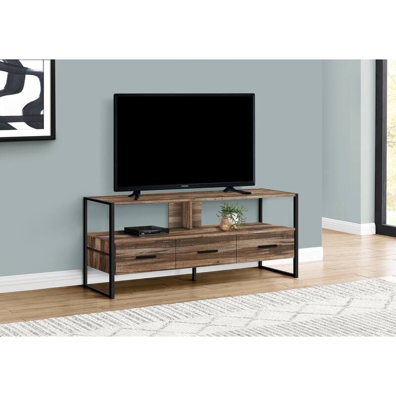 Modern 48" TV Stand, Industrial Design with 3 Storage Drawers & Open Shelves, Black Metal Frame