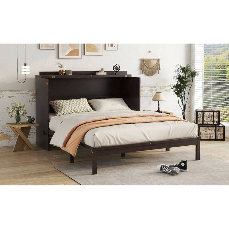 Roomfitters Queen Murphy Bed Cabinet, Pine Wood Fold-Down Bed with Power Station and Rattan Accent Panel