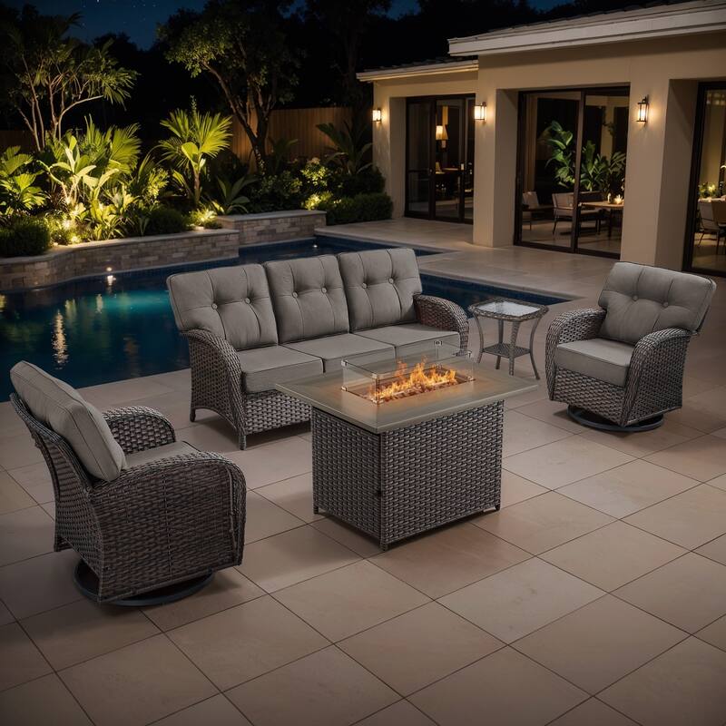Gymojoy Outdoor Wicker Patio Furniture Sofa Set with 55,000 BTU Fire Pit Table, Swivel Chairs, Ottomans & Side Tables