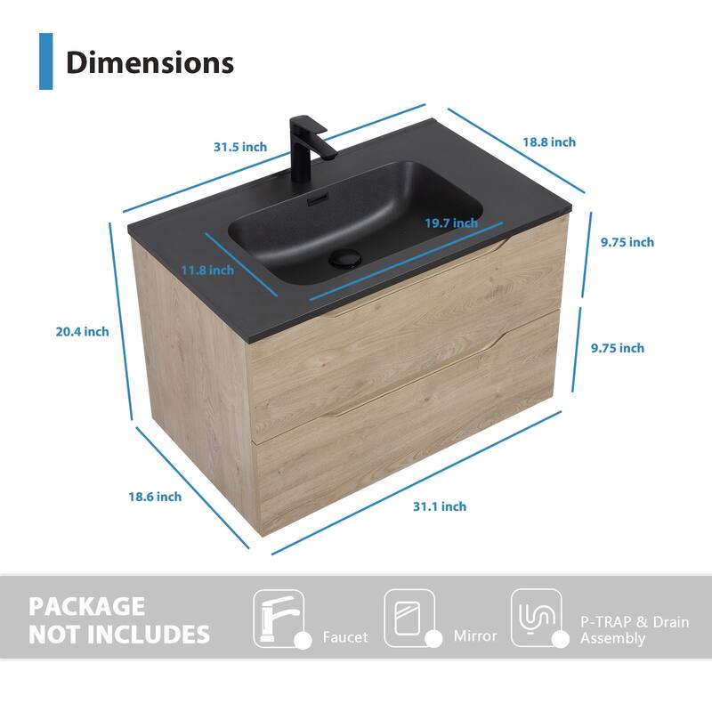 RupheonD 24"-48" Floating Bath Vanity in Evita Oak with Black Quartz Top