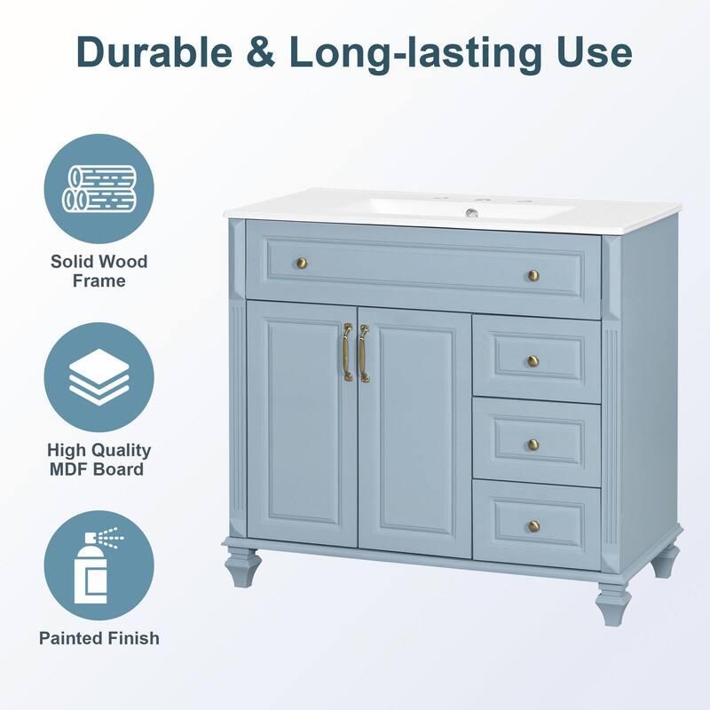 36" Bathroom Vanity with Sink, Cabinet, Flip-Out Drawer, 3 Drawers & 2 Soft-Close Doors