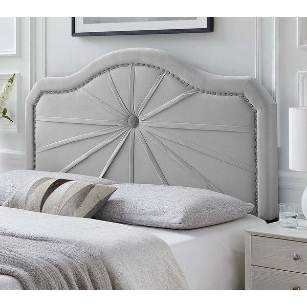 Grey upholstered bed store with nailhead trim