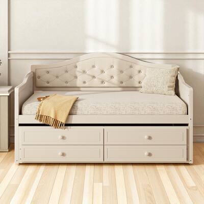 Twin Daybed with Trundle and 2 Storage Drawers, Upholstered Button Tufted Sofa Bed with Solid Wood Frame