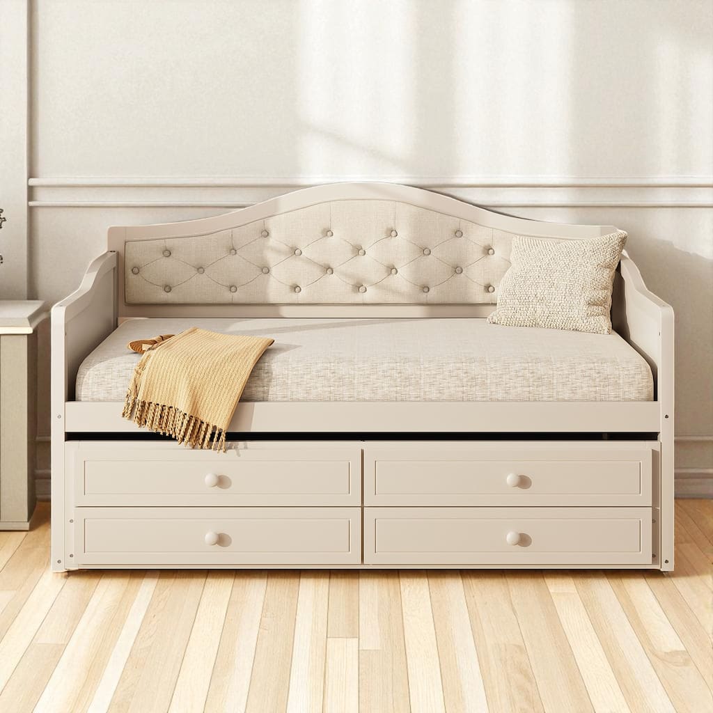 Twin Daybed with Trundle and 2 Storage Drawers, Upholstered Button Tufted Sofa Bed with Solid Wood Frame