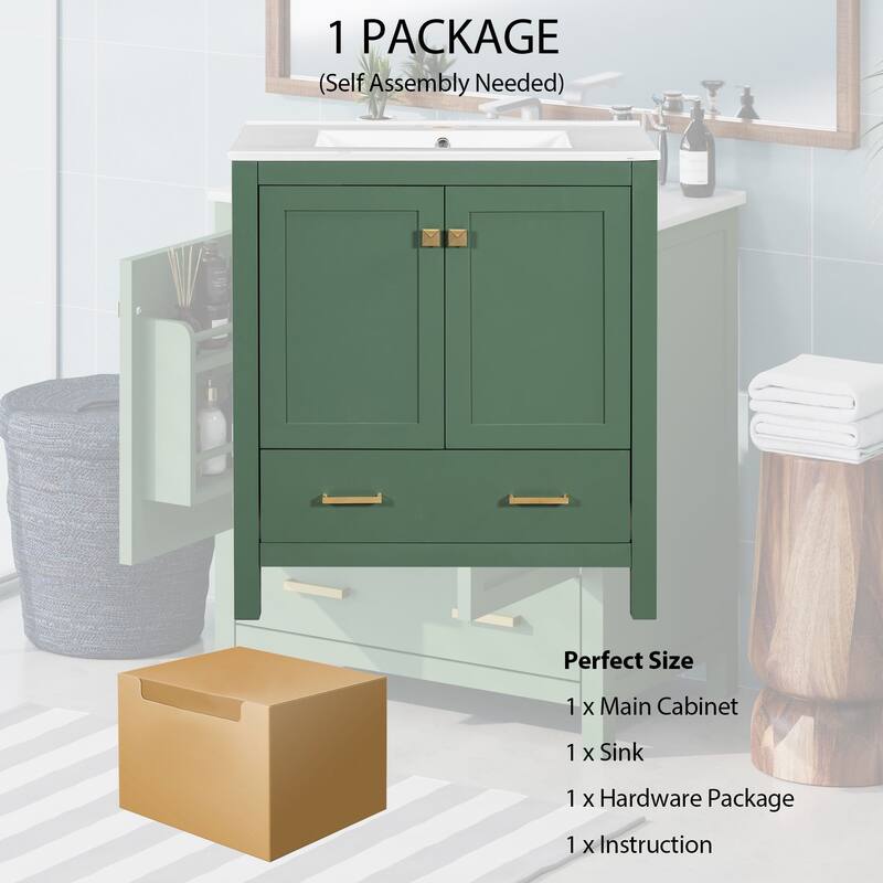 30 Inch Freestanding Bathroom Vanity with Rectangular Ceramic Sink, Two Doors, and Storage Drawer - Elegant Finish