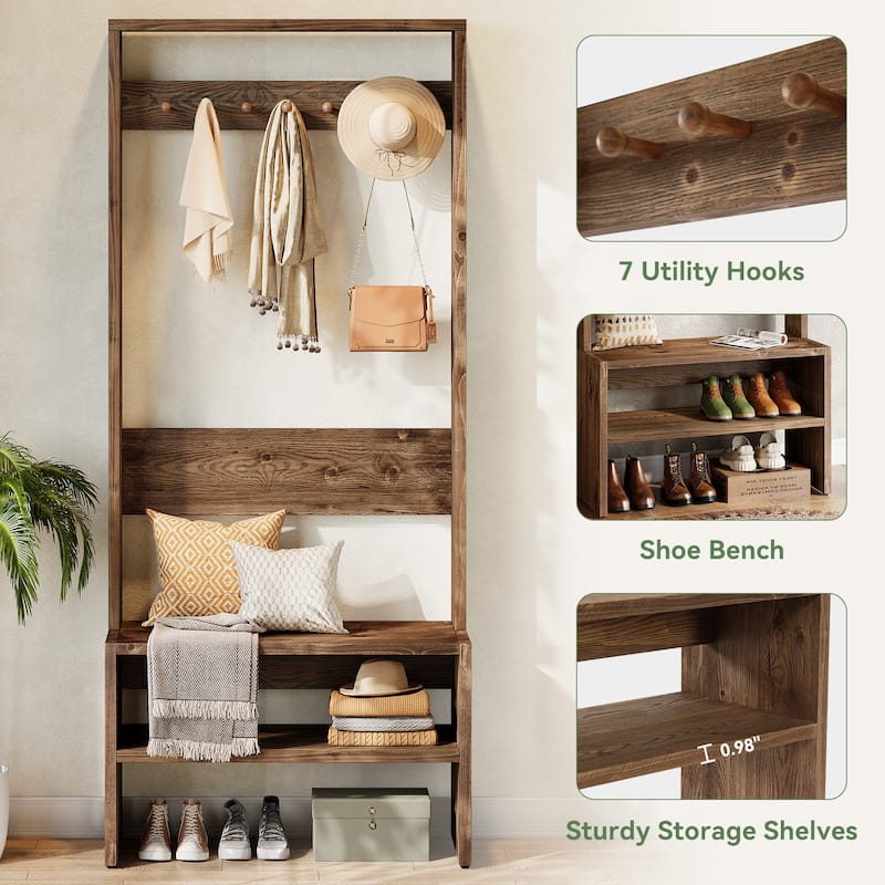 Solid Wood Entryway Hall Tree With Storage Bench And 7 Hooks