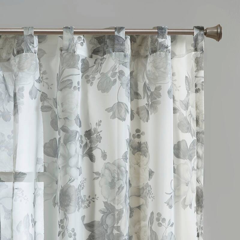 Printed Floral Rod Pocket and Back Tab Voile Sheer Curtain Bed Bath