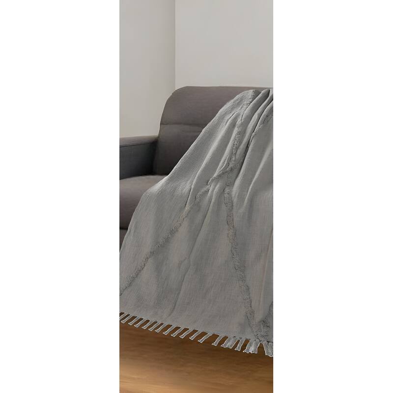 HomeRoots 50" X 60" Gray Woven Cotton Throw Blanket with Fringe - Throw