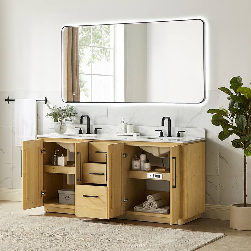 Serene Bathroom Vanity in Nature Brown with Grain White Engineered Stone Countertop with Mirror