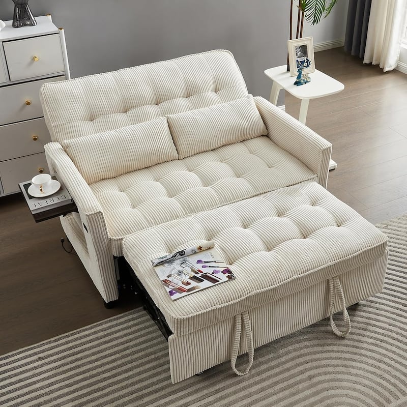 Sleeper Sofa Bed, 52" Convertible Pull Out Couch with Small Table,USB Port,Side Pockets,Corduroy Fabric,Adjustable Backrest - Beige