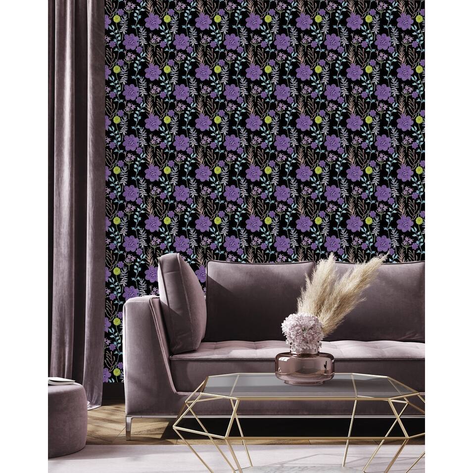 Violet Flowers on Dark Wallpaper Peel and Stick and Prepasted - Bed ...