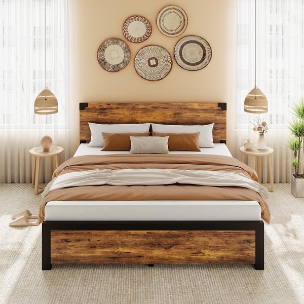 slide 2 of 25, Full/Queen/King Size Metal Bed Frame with 4 Storage Drawers and Wood Headboard Full - With 4 Drawers