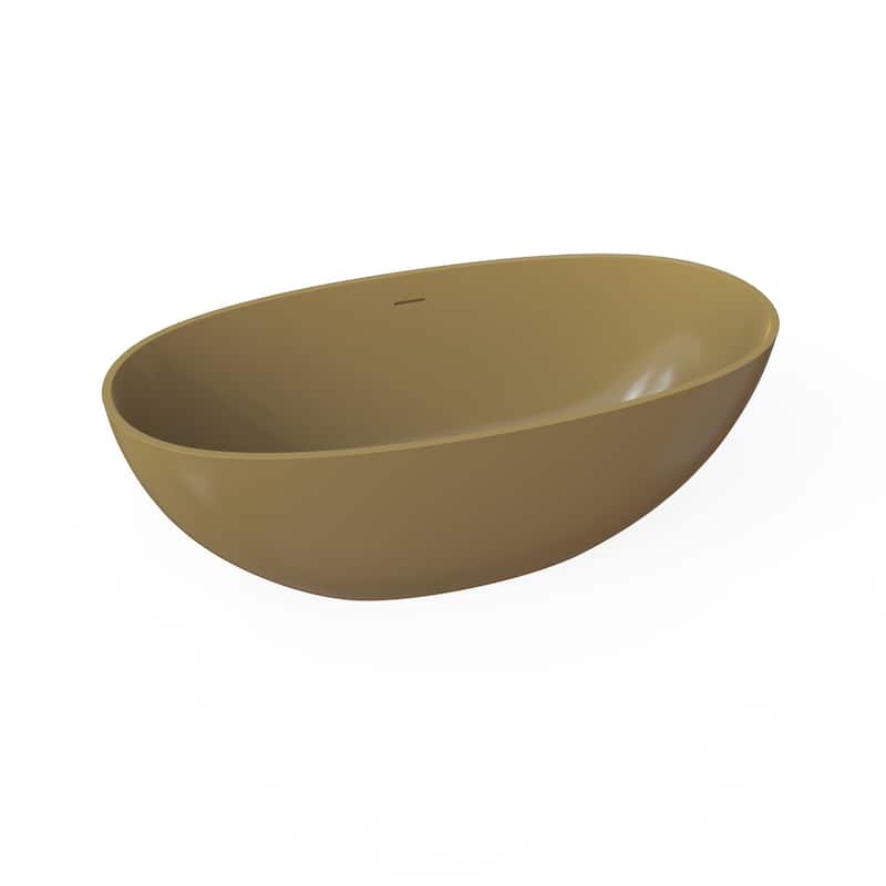61 in. Freestanding Solid Surface Soaking Bathtub in Camel, Modern Design with Center Drain