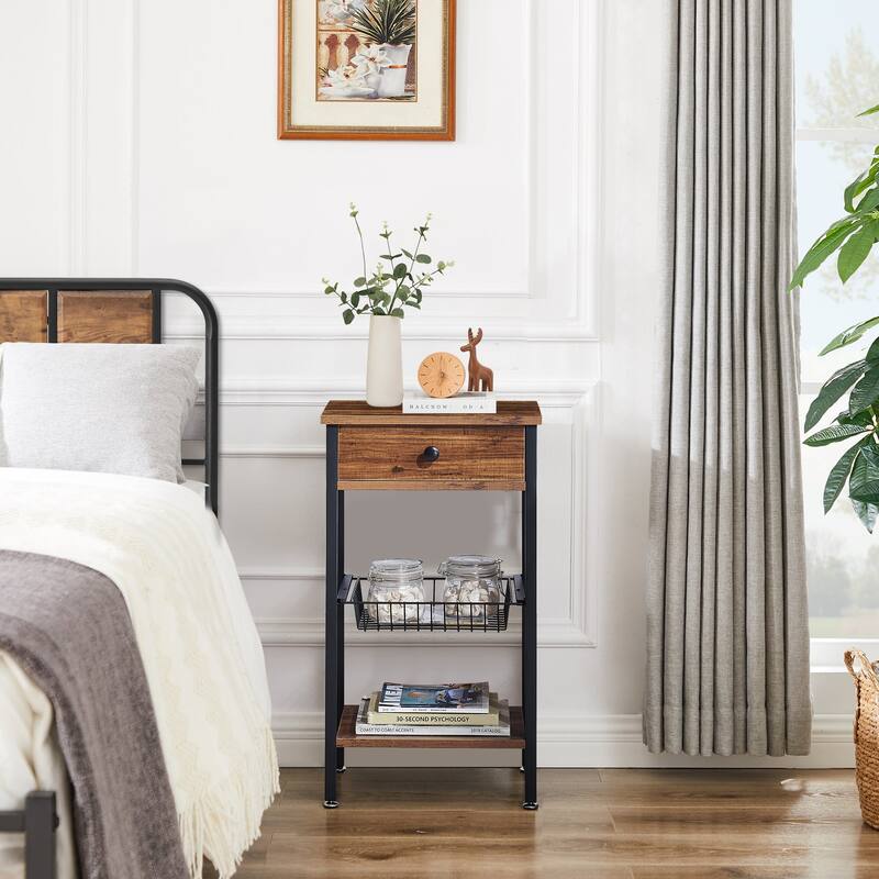 Javlergo 3-tier Nightstand with 1-Drawer and Mesh Basket, Brown