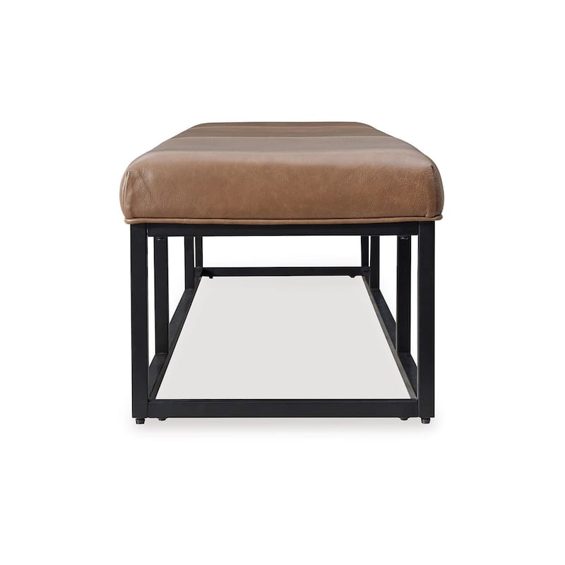 Accent Bench, 71 Inch, Black Metal, Brown Genuine Leather Cushioned Seat
