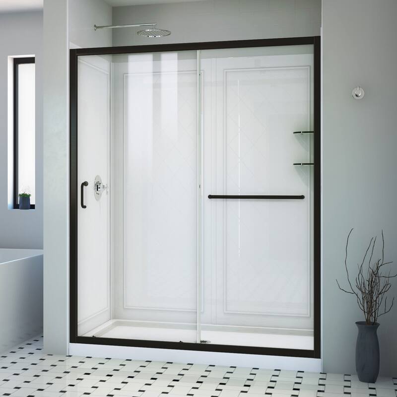 DreamLine Infinity-Z 30 in. D x 60 in. W x 76 3/4 in. H Sliding Shower Door, Shower Base and Backwall Kit - Satin Black Clear Glass Central Drain