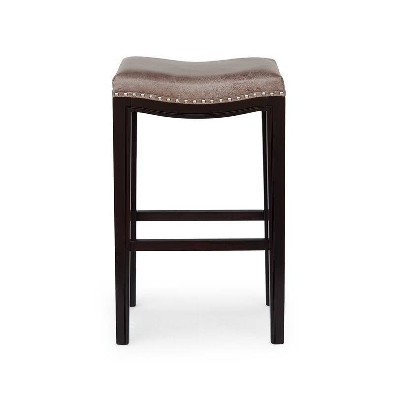 2-Pcs Set Wooden Frame Barstool, Nailhead Trim Saddle Bar Chair, Backless Counter High Chair, Upholstered Dining Chair