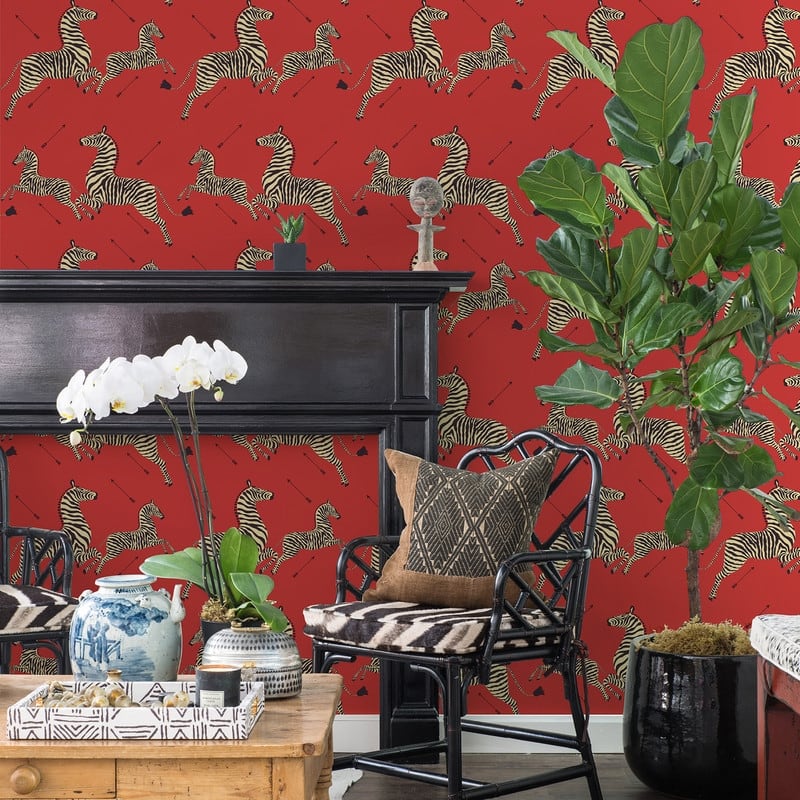 Scalamandre Masai Red Zebra Safari Self Adhesive Peel & Stick Wallpaper