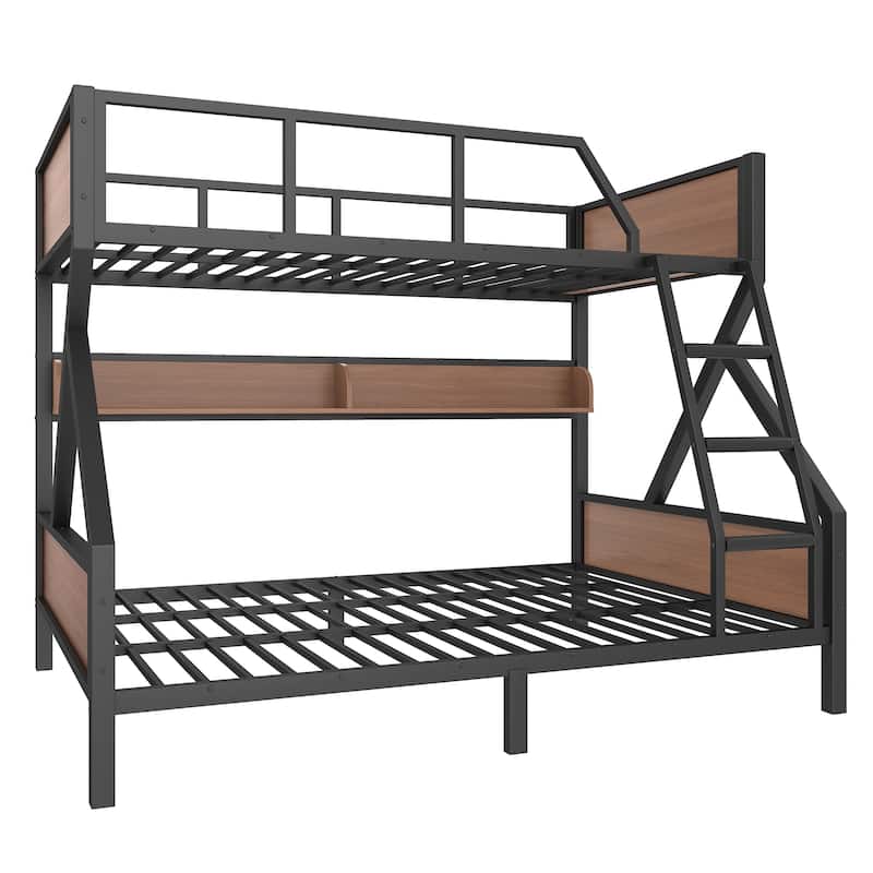 Queen over King/Queen over Full Metal Bunk Bed with Storage Shelves & Lights