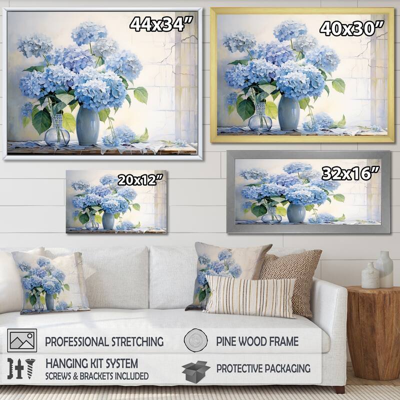 Designart "Blue Hydrangea Farmhouse Still Life " Hydrangea Framed Canvas Wall Art