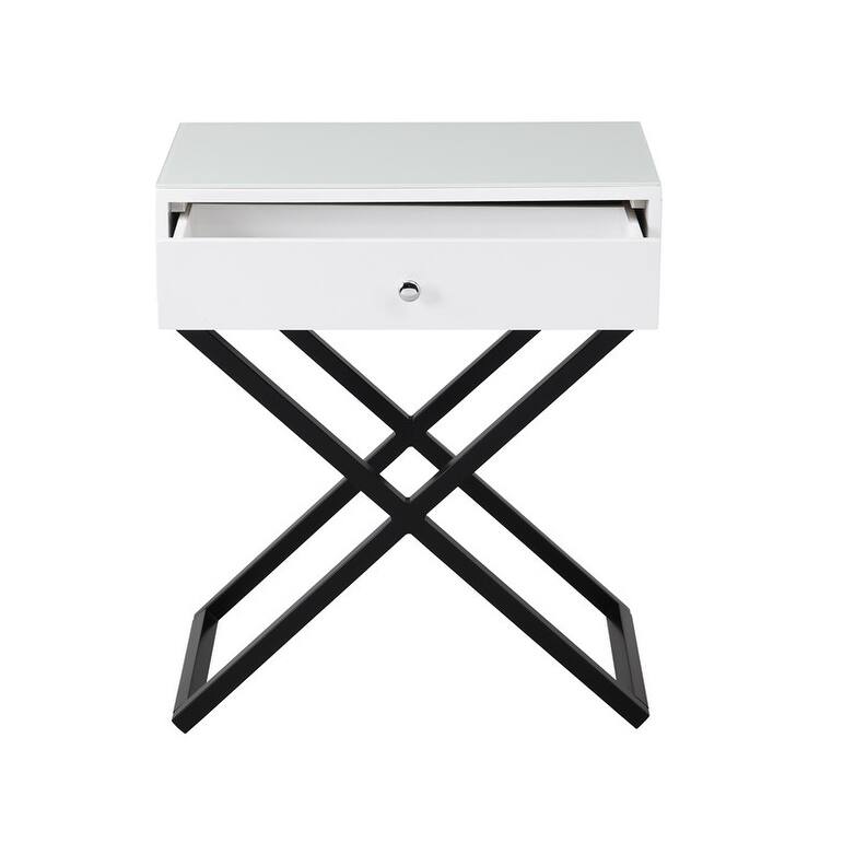 End Side Table Nightstand with Glass Top, Drawer and Cross Base