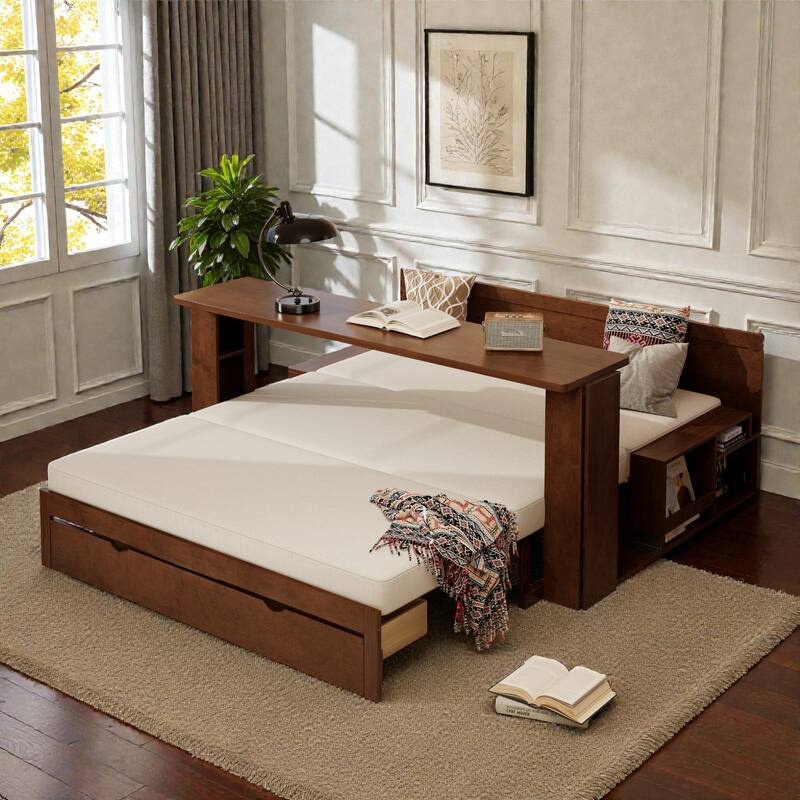 Queen Size 4-in-1 Daybed with Removable Desk, Storage Drawers, Hydraulic Side Tables & Extendable Armrests