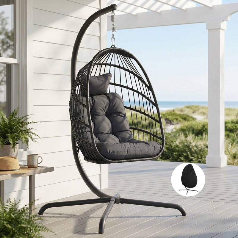 Oversized Wicker Hanging Egg Chair with Stand, Outdoor Indoor Swing Chair with Cushion, 350 lb Capacity - Dark Grey/Cover