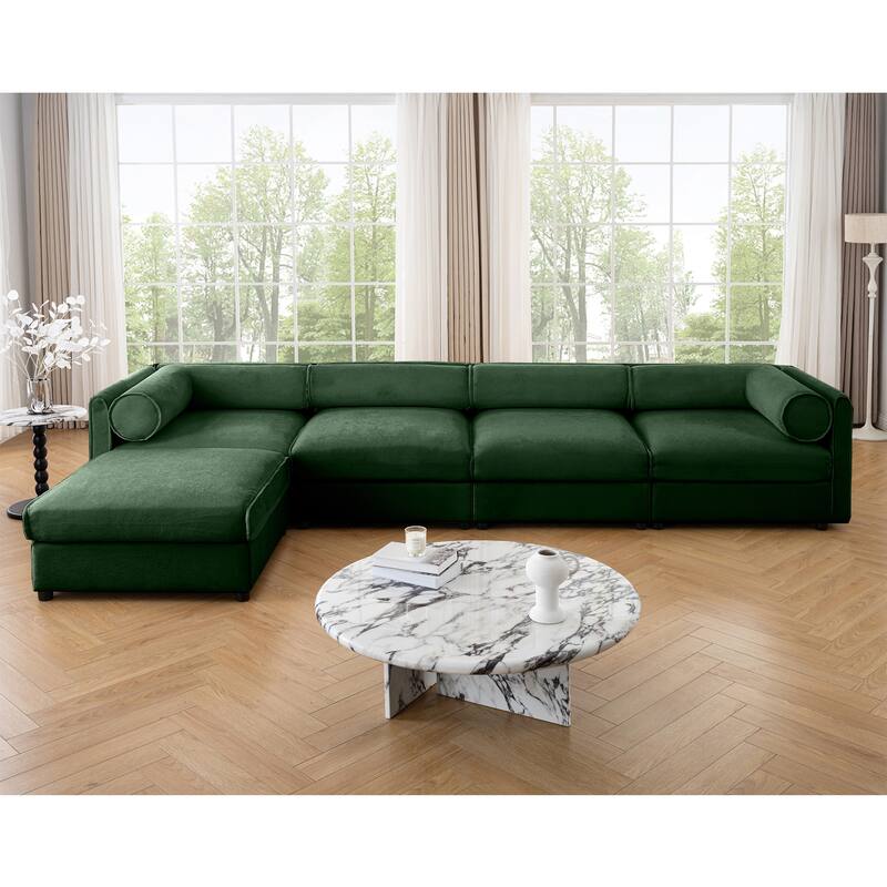 142.5" Chenille L-Shaped Sectional Sofa with Storage & Round Back
