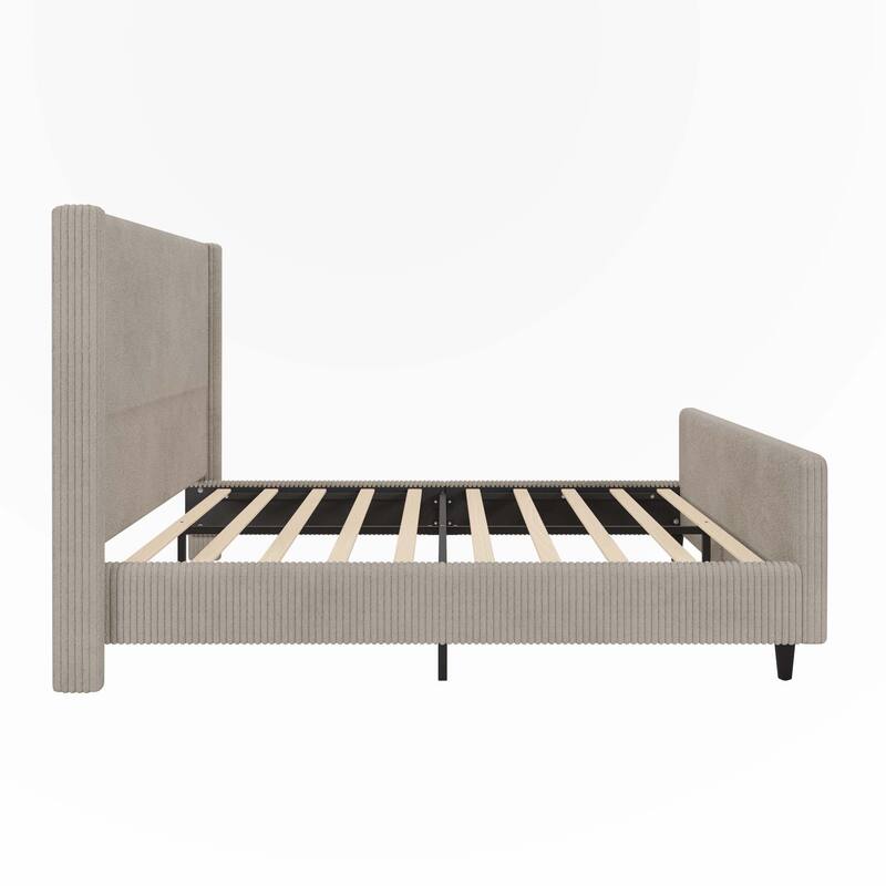Corduroy Upholstered Bed Frame with Vertical Stripe Wingback and High Footboard
