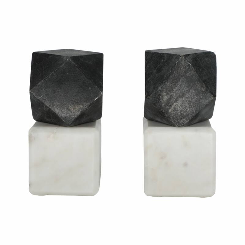 Decorative Marble Bookends with Hexagon Orb - Set of 2, 6"