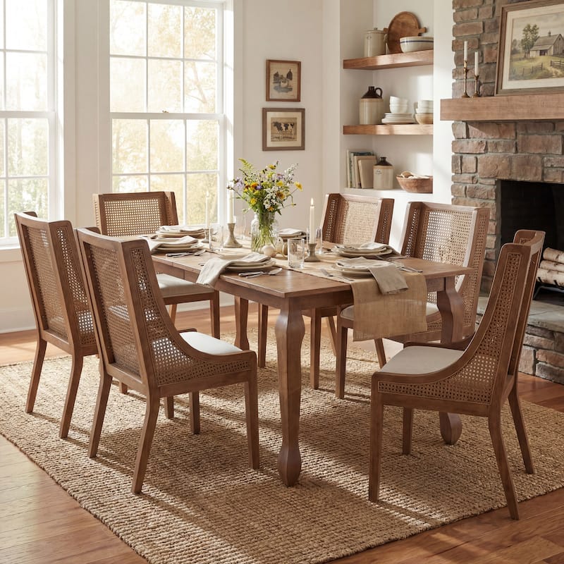 Christopher Knight Home - Rustic French Country 7 Piece Wooden Dining Set with Cane Back Upholstered Chairs