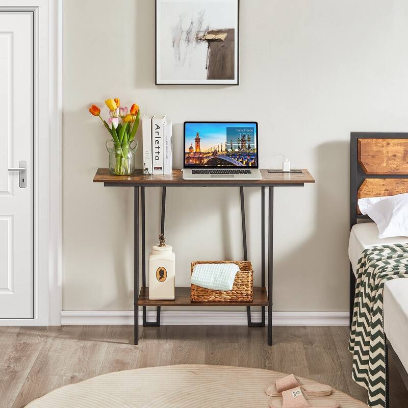 Console Table with Outlets for Entryway, Sofa Table with Wood Shelves, Industrial Entryway Table Foyer Table