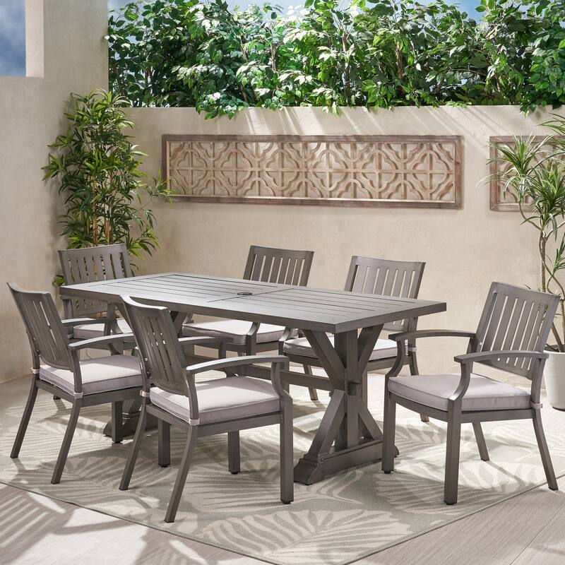 Lombok 7-piece Outdoor Aluminum Dining Set with Cushions by Christopher Knight Home - Dark Gray + Silver Cushion