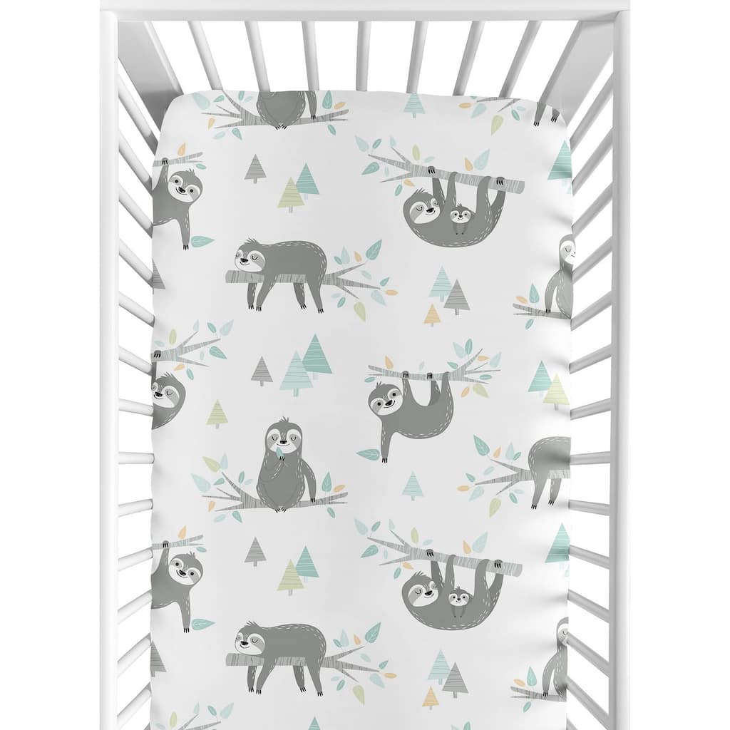 Sweet Jojo Designs Blue Grey Jungle Sloth Leaf Unisex Boy or Girl Fitted Crib Sheet - Turquoise Gray Green Botanical Rainforest