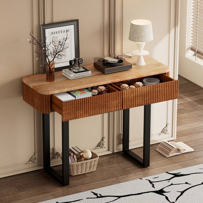 Solid Wood Entryway Table with Fluted Design,Natural+Black