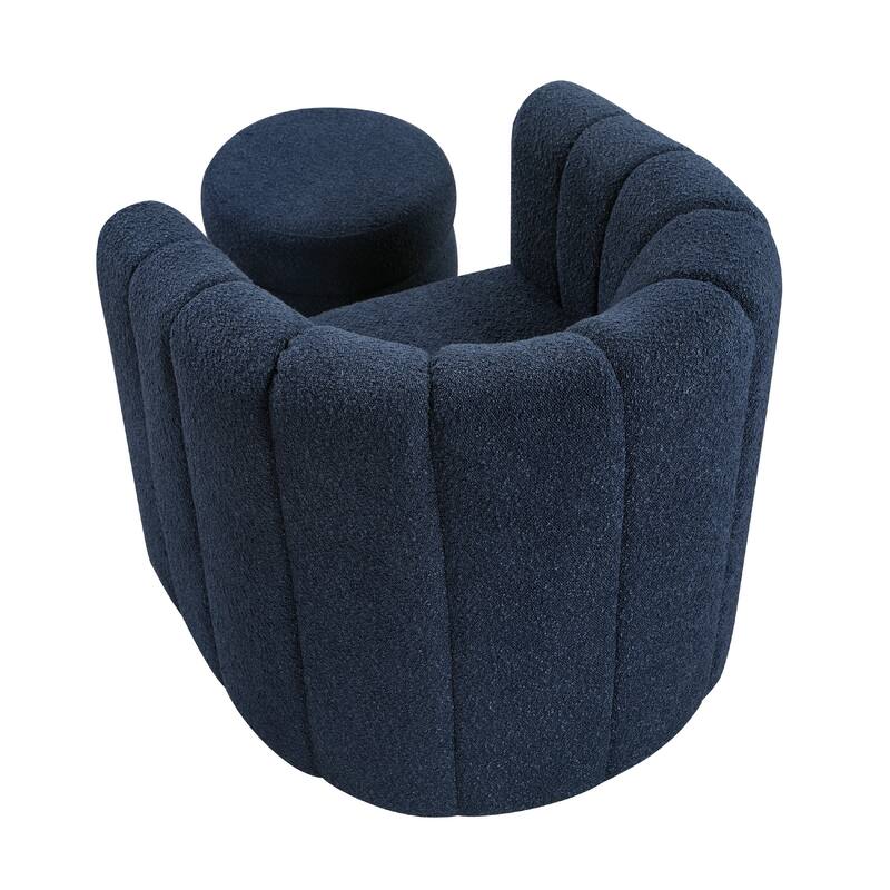 Noa Swivel Chair and Ottoman, Channel Tufted Curved Back, Blue Boucle