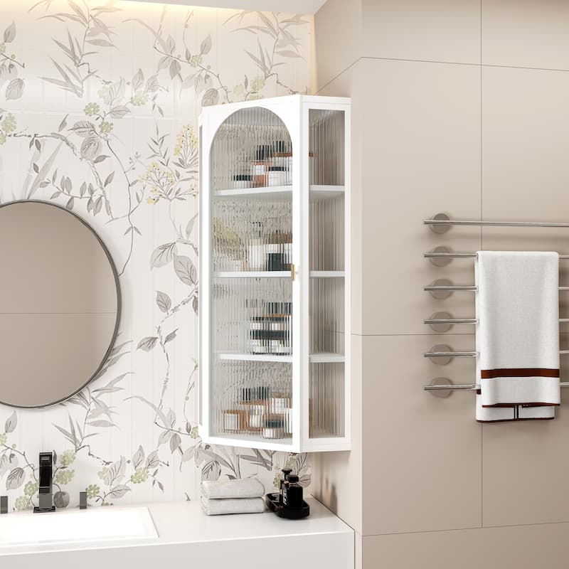 Glass Door Wall Mounted Corner Cabinet with Featuring Four-tier Storage