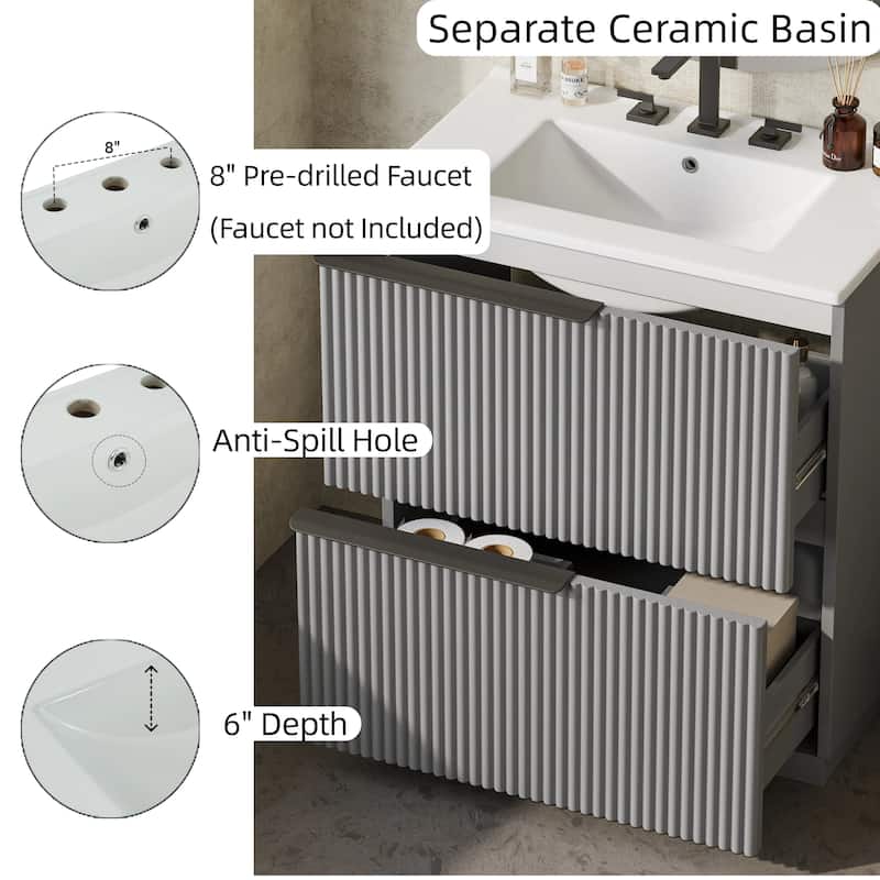 30" Bathroom Vanity with Ceramic Sink, Full-Extension Drawers, Soft Close Slides, and Fluted Design