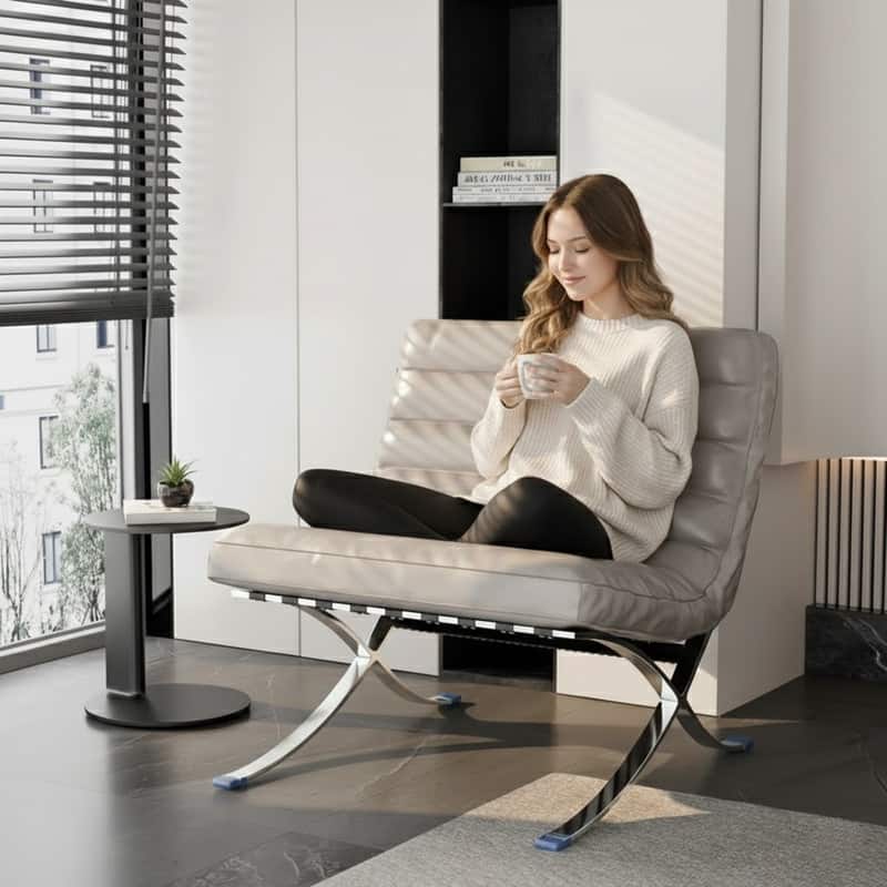 Mid Century Tufted Top Grain/ Faux Leather Upholstered Lounge Chair - Grey Genuine Leather Striped