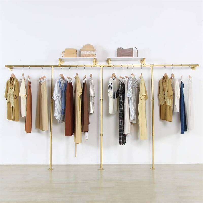 Gold pipe clothing rack for Hanging Clothes rack with 3 T-Bar Design - 11.8"D x 118"W x 63"H - Gold-with shelves
