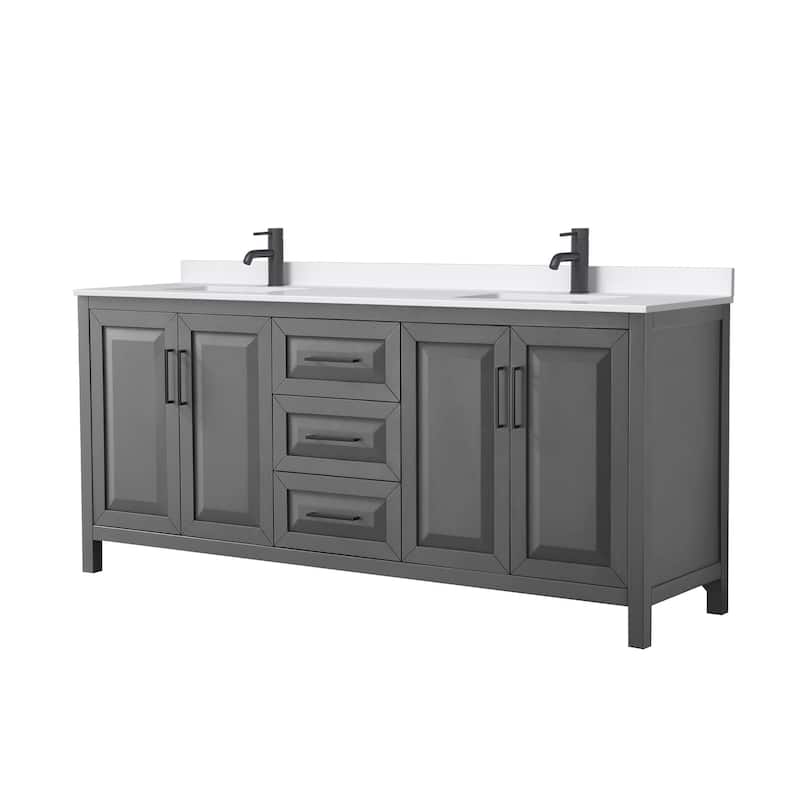 Daria 80-inch Double Vanity, Single Hole Quartz Top - Dark Gray, Black Trim, White Quartz Top