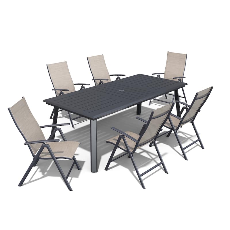 Outdoor Aluminum Dining Table with Umbrella Hole with Durable Adjustable Reclining Folding Chair - 82.7in-Black-Table&Espresso-Chair