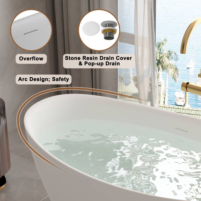 CASAINC Resin Stone Solid Surface Soaking Stand Alone Bathtub Freestanding Bathtub in Matte White