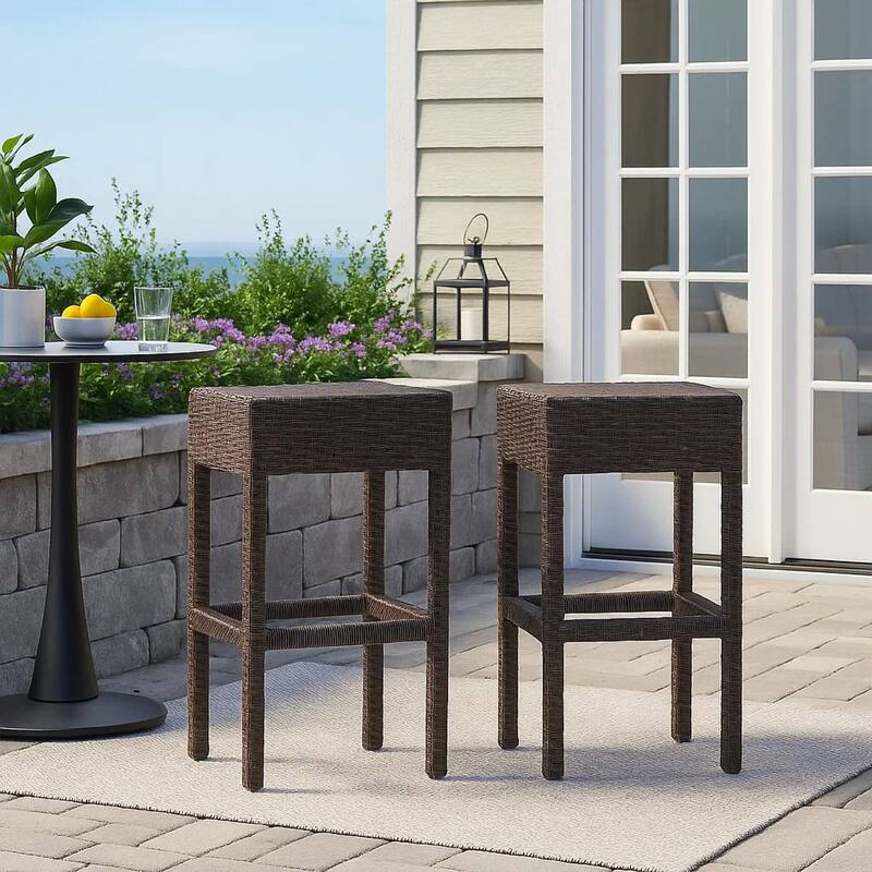 Outdoor Barstool Set of 2, Industrial Style Dark Brown Rattan Woven