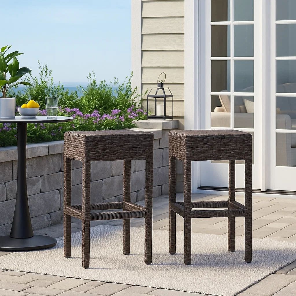 Outdoor Barstool Set of 2, Industrial Style Dark Brown Rattan Woven