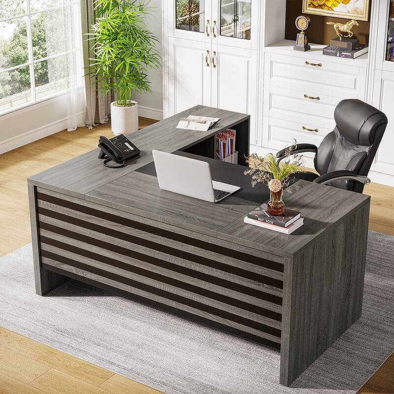 62.2" Executive Desk with Mobile File Cabinet, L-Shaped Office Desk for Home Office